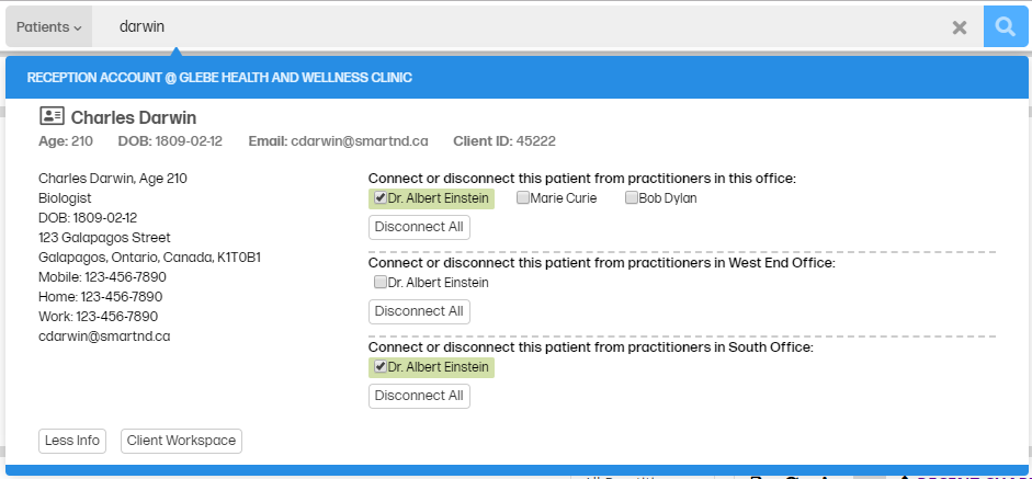 how do I see which practitioners and offices a patient is connected to - for admins - shows a patient search result from the main search bar showing which offices and practitioners a patient is connected to, showing checkboxes how to connect the patient to those practitioners and offices.
